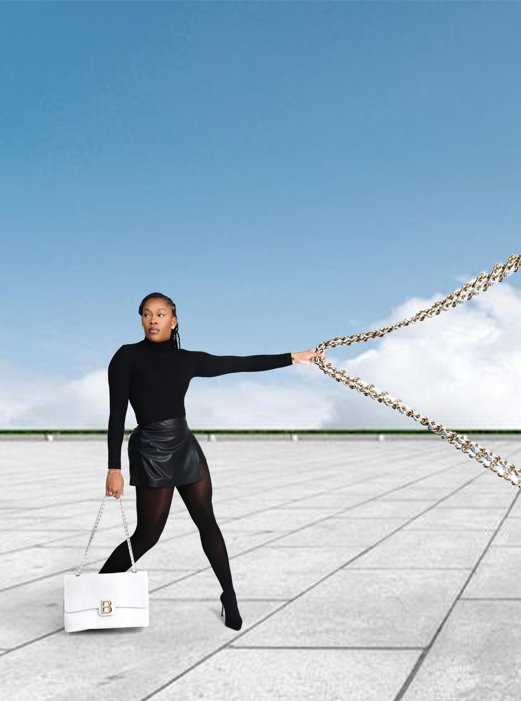 Oversized luxury white chain handbag styled in a surreal high-fashion editorial composition featuring exaggerated scale and modern minimalism.